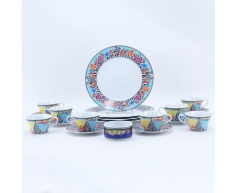 Nineteen (19) Pc Rosenthal Versace Porcelain Dinnerware. Mostly in the "Hot Flowers" pattern. Includes: 4 dinner plates, 8 cu