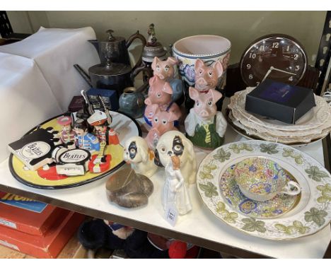Lorna Bailey Beatles figures, set of five Natwest pigs, Crown Devon Bonzo dogs, china plates, Poole jardiniere, clock, etc.