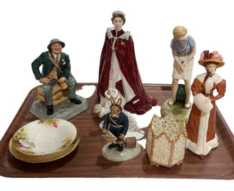 Royal Worcester QEII 2006 figure, two Royal Doulton figures, Worcester pierced vase, etc.