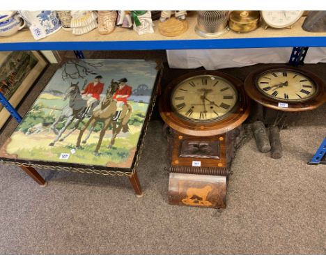 Tapestry top low coffee table and two Victorian wall clocks.