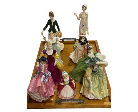 Six Royal Doulton figures, two Royal Worcester and one Peggy Davies (9).