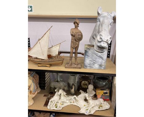 Acoustic guitar, model boat, horse sculptures, Victorian relief moulded jug, mantel clock, etc.