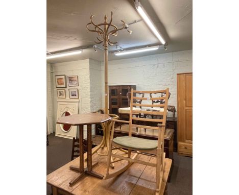 Rush seated ladder back rocking chair, octagonal oak occasional table, beech ladder back rocking chair and Bentwood hat and c