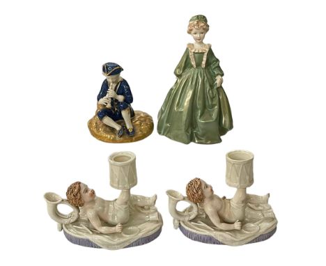 Two Royal Worcester cherub chamber candlesticks, Grandmothers Dress, and Seated Piper (4).