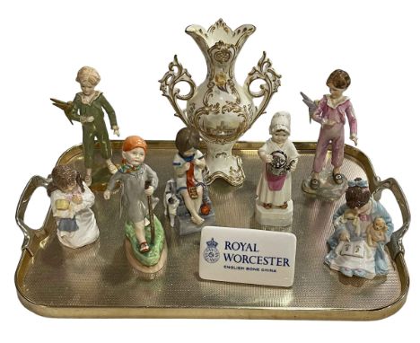 Collection of seven Royal Worcester figures, View of Worcester vase and display label (9).