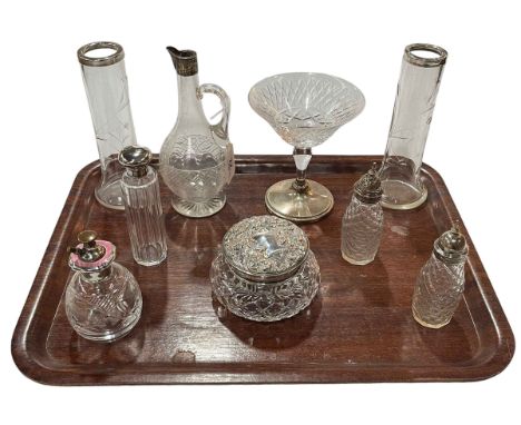 Silver mounted vase and toilet bottles, enamel scent bottle and a goblet (9).