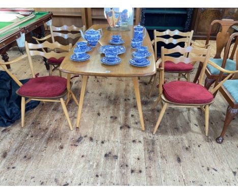 Vintage Ercol elm rectangular dining table and set of four unusual Ercol shaped ladder back elbow chairs, table 72cm by 77cm 