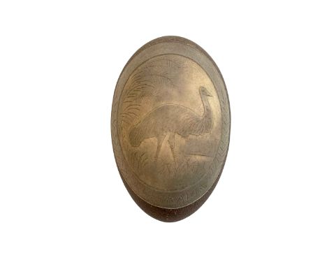Aboriginal carved Emu egg with image of Emu.