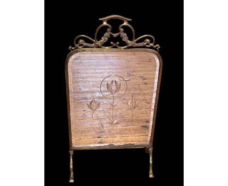 Edwardian brass framed bevelled mirror firescreen, 80cm by 45cm.