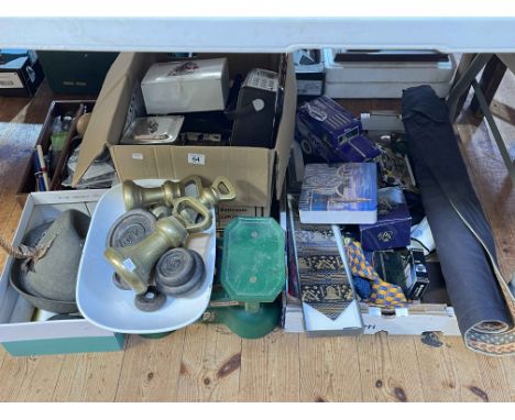 Kitchen scales and brass bell weights, selection of ties, collectables, books, lead soldiers, etc.