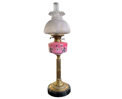 Victorian floral porcelain reservoir oil lamp with etched shade.