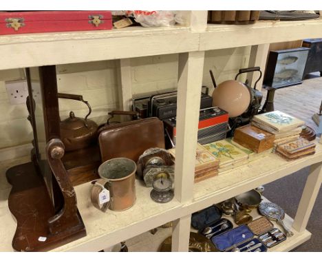 Victorian toilet mirror, copper kettles, fireplace tiles, part wooden chess set, radios, lamp, barometer, etc.