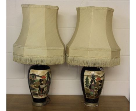 A pair of early 20th century Japanese Satsuma table lamp bases and shades (overall H 74cm)