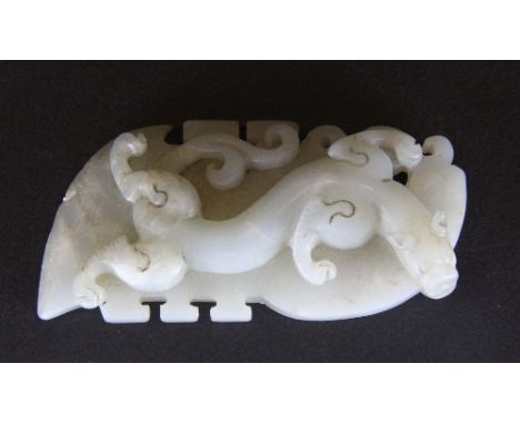 A Chinese white jade dragon phoenix and axe amulet L 8cm