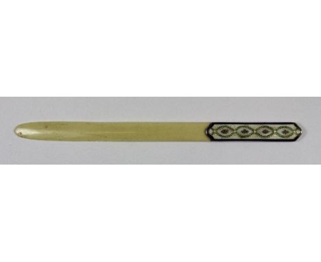 A French silver and enamel mounted ivory paper knife L 21cm