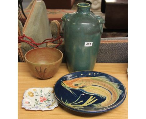 2 studio pottery items, an oriental pottery lamp base and a hand painted dish