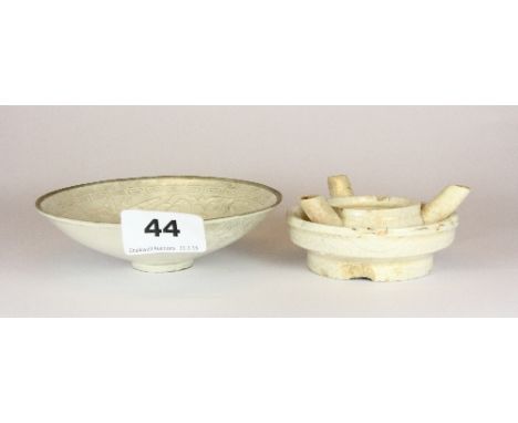 An early Chinese cream glazed porcelain oil lamp Dia 9cm H 4cm and a Chinese relief decorated cream glazed porcelain dish Dia