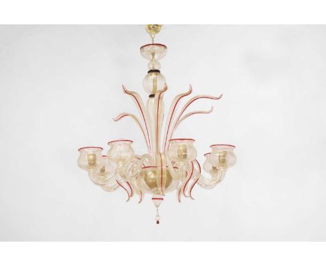A Murano clear and coloured glass chandelier,  20th century, Italian, Venice, with scrolling foliate detail and eight branche