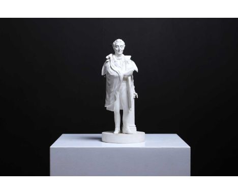 A Minton biscuit porcelain figure of the Duke of Wellington, second quarter of the 19th century, modelled standing, with his 