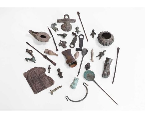 A group of Roman and later metal and faience pieces,  to include a bronze votive foot, c.100-200 CE, 7cm long 3cm wide 4cm hi