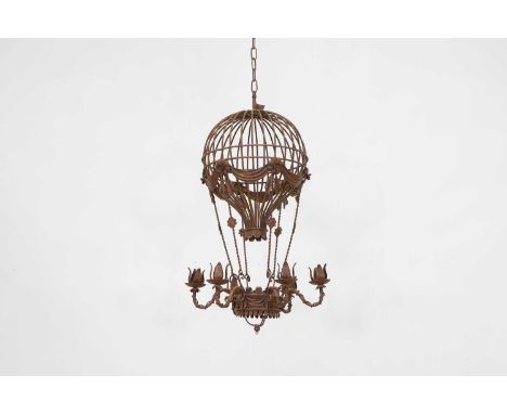 A wrought-metal chandelier, 20th century, Spanish or Italian, in the form of a hot-air balloon decorated with swags and garla