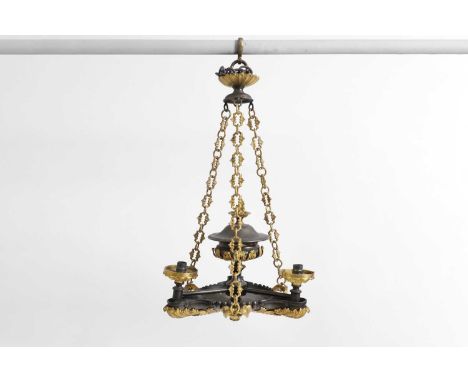 An Empire-style gilt and patinated bronze colza chandelier, 19th century, with four lights and acanthus decoration,38cm wide3