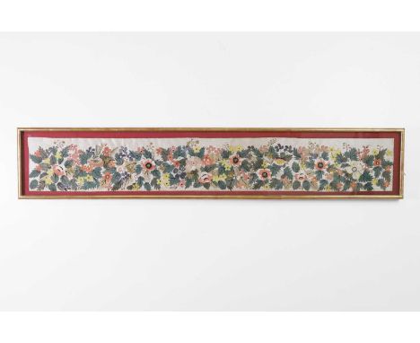 A silk taffeta appliquéd pelmet, 18th century, with an all-over floral and foliate design, with sequin accents,pelmet 20 x 13