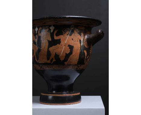 An Attic red-figured terracotta bell krater, late 5th/early 4th century BCE, attributed to the Meleager Painter, the obverse 