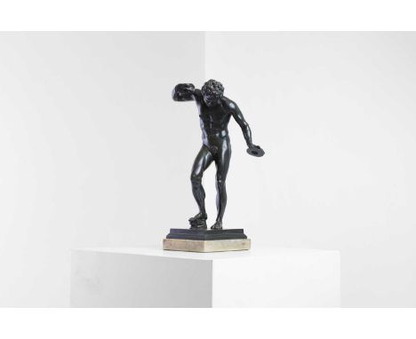 After Isaak Duchemin a patinated bronze figure of 'The Dancing Faun' with cymbals, after the antique, raised on a rectangular