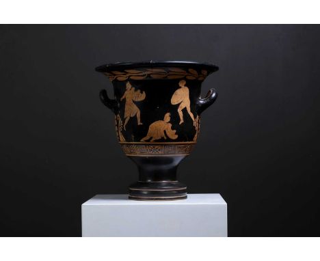 A Campanian red-figured terracotta bell krater, c.350 BCE, South Italian, Campania, the obverse with three warriors, the reve