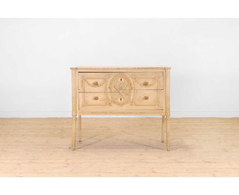 A small Louis XVI-style painted and parcel-gilt wooden commode, 19th century, of rectangular outline, with a pair of moulded 