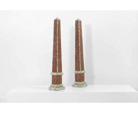 A pair of grand tour porphyry and white marble obelisks, 19th century, Italian, each of tapering form on a stepped base, 9cm 