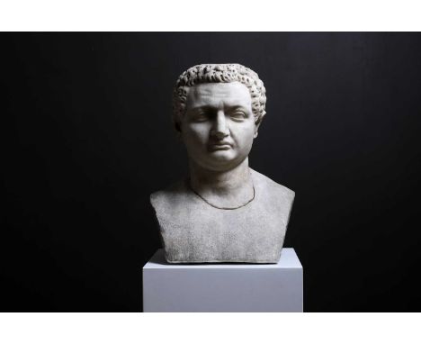 A Roman marble portrait head of the Emperor Titus,  Flavian period, c.80 CE, the broad face with fleshy cheeks and chin, his 