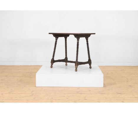 A walnut and marquetry side table,  19th century, Indo-Portuguese, the rectangular top with geometric decoration and ivory in