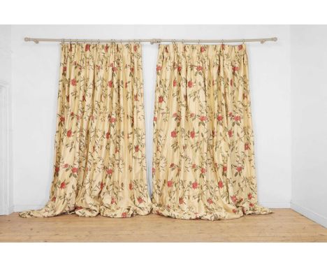 Two pairs of lined and interlined silk curtains, of recent manufacture, each with floral and foliate embroidery, 205cm wide a