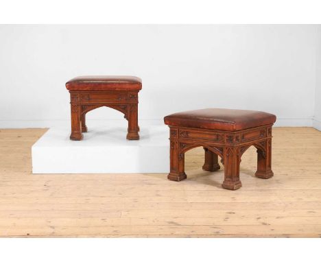 A pair of Gothic Revival oak stools after a design by AWN Pugin, second quarter of the 19th century, attributed to Holland &a