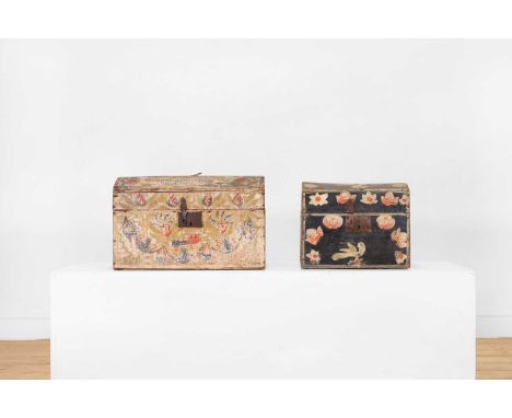 Two folk art painted wooden marriage chests,  19th century, French, Rouen, each with a domed hinged lid, with all-over floral