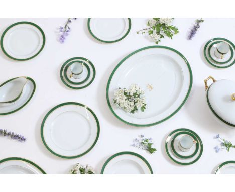 A porcelain part dinner service by Bernardaud Limoges for Asprey,  20th century, French, each piece with painted green bandin