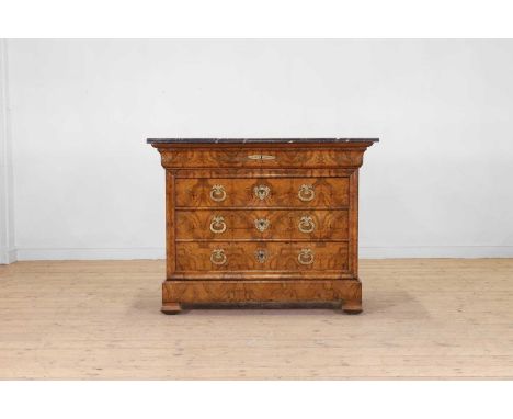 A Louis Philippe walnut commode, c.1845, French, with a grey marble top above four drawers, raised on bracket feet,120cm wide