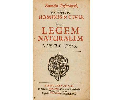 NO RESERVE Pufendorf (Samuel) De officio hominis &amp; civis juxta legem naturalem libri duo, title in red and black with woo
