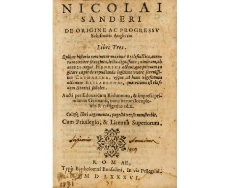 NO RESERVE Sanders (Nicholas) De origine ac progressu schismatis Anglicani libri tres, second edition, typographic ornament o