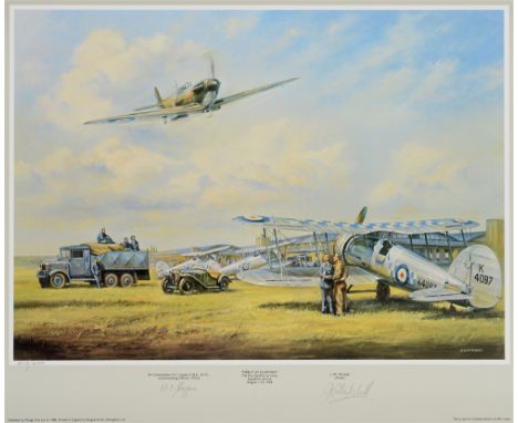 J.W. MITCHELL (BRITISH, CONTEMPORARY) 'Debut at Duxford'. The first Spitfire to enter Squadron service, August 11th 1938, col