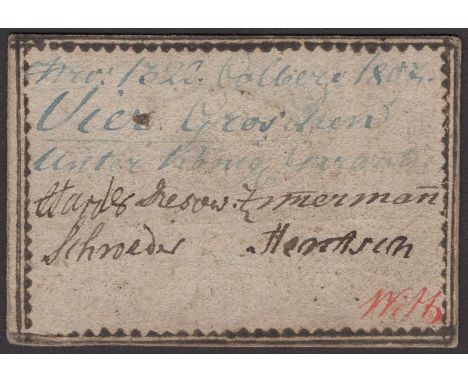 Siege of Colberg, 4 Groschen, first issue, 1807, serial number 1322, six manuscript signatures, blue and black ink, a little 