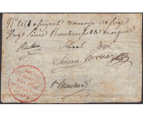 Siege of Mayence, 20 Livres, first issue, 1793, serial number 5151, hand-written on the reverse of a 10 Livres assignat of 17