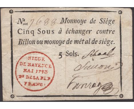 Siege of Mayence, 5 Sous, second issue, May 1793, serial number 7688, three manuscript signatures, original paper and well em