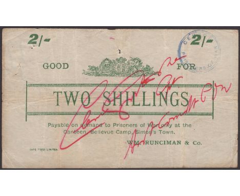 Bellevue POW Camp, Simon’s Town, good for 2 Shillings, ND (1901), green print, cancelled with red ink across face, pinholes, 
