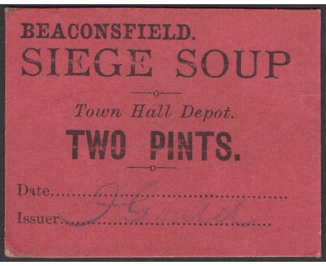 Siege of Beaconsfield, soup ticket for 2 pints at Town Hall depot, type 2, ND (1899-1900), red card, stamped signature,  Ines