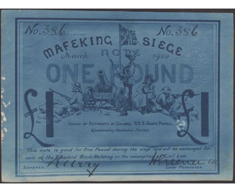 Siege of Mafeking, £1, March 1900, serial number 386, light mounting traces on reverse, a few bends but no folds or creases, 