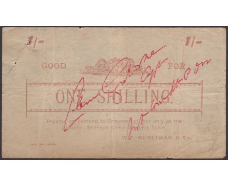 Bellevue POW Camp, Simon’s Town, good for 1 Shilling, ND (1901), red/orange print, cancelled with red ink across face, pinhol
