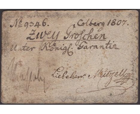 Siege of Colberg, 2 Groschen, second issue, 1807, serial number 9346, three manuscript signatures, black ink, scuffed, overal